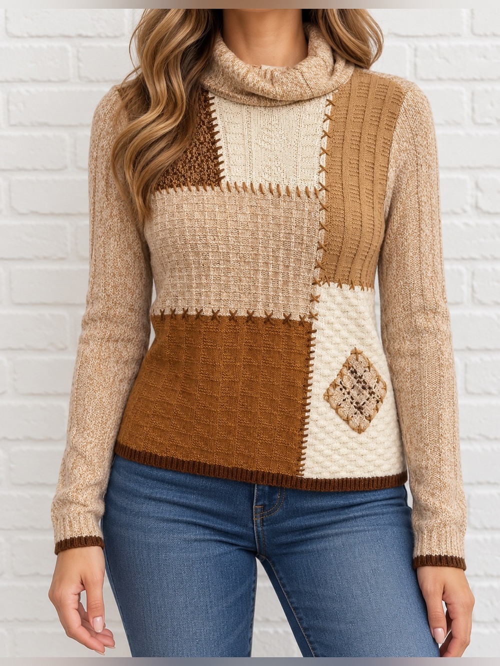 Vintage 90s Emma James Petite S Ramie Blend Patchwork Turtleneck Sweater